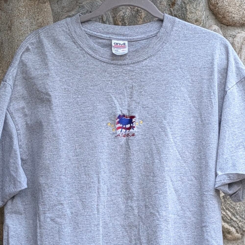 Vintage Y2K Alaska Moose Embroidered Center Logo T-Shirt Gray Anvil Mens XL - Picture 2 of 6
